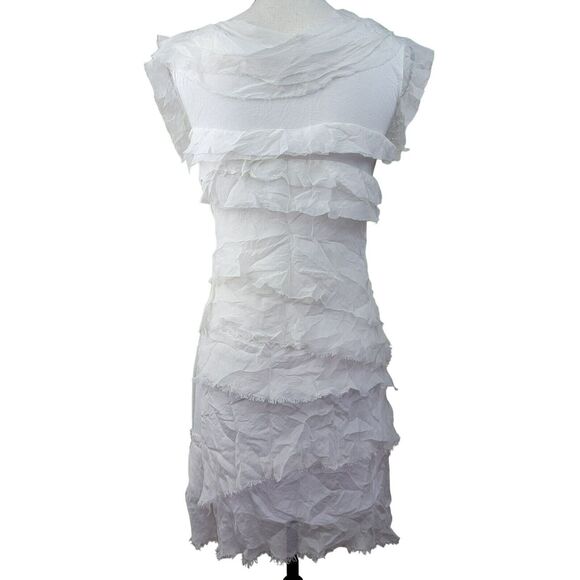 White Ruffle Dress Womens Sz S Funky Tiered Raw Edge Mini Scoop‎ Neck Sleeveless - Picture 5 of 6
